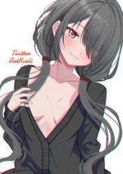 absurdres black_hair blush breasts cardigan clock clock_eyes date_a_live female flat_chest hair_over_eyes heterochromia highres looking_at_viewer low_twintails no_bra open_cardigan open_clothes red_eyes roman_numeral smile symbol-shaped_pupils tokisaki_kurumi twintails xueli_shimazaki yellow_eyes