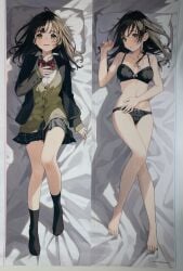 ankle_socks anklehighs bare_belly bare_legs bare_thighs belly_button black_bra black_hair black_panties black_socks blush bra breasts dakimakura dakimakura_design embarrassed feet hand_on_chest hand_on_waist hige_wo_soru._soshite_joshikousei_wo_hirou. long_hair official_art ogiwara_sayu open_mouth panties school_uniform smile socks thighs toes underwear