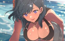 1girls ahonoko alternate_costume bikini black_bikini black_swimsuit blue_eyes blue_hair breasts byleth_(female)_(summer)_(fire_emblem) byleth_(fire_emblem) byleth_(fire_emblem)_(female) cleavage female female_only fire_emblem fire_emblem:_three_houses fire_emblem_heroes flower hair_flower hair_ornament highres innertube large_breasts leaning_forward looking_at_viewer medium_hair nintendo ocean official_alternate_costume parted_lips smile solo swim_ring swimsuit wet