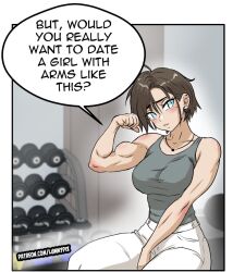 artist_request bare_shoulders blue_eyes blurry_background blush brown_hair dumbbell english_text gym large_breasts muscular_female original pants pointy_chin short_hair smile speech_bubble teeth