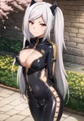 1girls alexia_midgar black_bodysuit bodysuit breasts cleavage female_only inner_sideboob kage_no_jitsuryokusha_ni_naritakute! long_hair looking_at_viewer pigtails red_eyes slime_suit smile smiling the_eminence_in_shadow tight_bodysuit tight_clothing white_hair