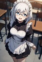 ai_generated beta_(the_eminence_in_shadow) big_breasts blue_eyes blush chair classroom glasses kage_no_jitsuryokusha_ni_naritakute! looking_at_viewer maid maid_outfit short_hair table the_eminence_in_shadow white_hair