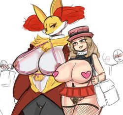 anthro being_watched big_breasts black_fur blush breasts canine chubby clothing delphox duo_focus female fishnet fox fur group human lingerie mammal nintendo pasties plain_background pokemon pubes pussy serena_(pokemon) teddy_jack video_games white_background