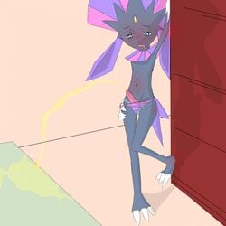 anthro blush clothing crossdressing eddie_slatefeather erection fan_character fur girly ketzio11 male nintendo open_mouth panties peeing penis pokemon solo underwear urine video_games watersports weavile