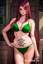 1girls ai_generated belly_button bikini collarbone green_bikini hand_on_hip large_breasts light-skinned_female long_hair mature_female midriff milf naruto naruto_shippuden navel platinum6969 red_hair standing tetragram_seal uzumaki_kushina