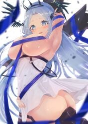 1girls alsace_(azur_lane) arm_around_waist armpits arms_up azur_lane blush bottomless embarrassed iris_libre_(azur_lane) large_ass large_breasts light-skinned_female light_skin looking_back luckydaikichi no_panties one_arm_up one_leg_up rear_view shy