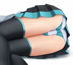 1girls black_skirt green_and_white hatsune_miku high_thighs legs_together lying_on_side striped_panties upskirt vocaloid white_background えと