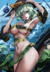 :d arm_up armpits black_hat blue_eyes breasts commentary_request cowboy_shot curvy eyeball female green_hair hand_up hat highres kaeranu_kaeru koishi_day koishi_komeiji komeiji_koishi looking_at_viewer medium_breasts navel nude open_mouth short_hair smile solo standing thighs third_eye touhou underboob