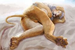 anthro anus ass beach felid hi_res lion liosoun lounging male mammal mane nude pantherine paws presenting presenting_hindquarters raised_tail sand smile smiling_at_viewer solo tail