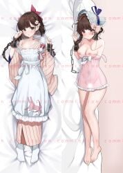 :o absurdres apron babydoll bare_legs bare_shoulders barefoot bed_sheet blank_censor blue_bow blue_hat blush bob_cut bondage bonnet bow breasts brown_eyes brown_hair censored chains cherry_blossoms commission cuffs dakimakura_(medium) female flower frilled_apron frills from_above full_body hair_flower hair_ornament hairbow hands_up hat hat_bow highres japanese_clothes kimono looking_at_viewer lying maid medium_breasts multiple_views navel neck_tattoo nipples no_shoes on_back on_side parted_lips pillow pink_babydoll pink_flower pink_kimono pinstripe_kimono pinstripe_pattern rabbit_ornament red_bow reverse:1999 satsuki_(reverse:1999) see-through_babydoll single_bare_shoulder single_off_shoulder socks spaghetti_strap strap_slip striped_clothes striped_kimono suisen_(suisenhwa) tattoo vertical-striped_clothes vertical-striped_kimono wa_maid watermark white_apron white_bow white_socks wide_sleeves