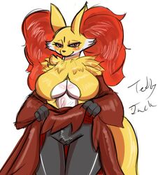 2014 anthro bedroom_eyes big_breasts black_fur blush breasts canine delphox female flashing fox fur mammal nintendo pokemon pussy smile solo teddy_jack video_games