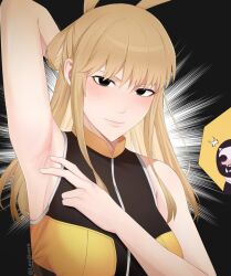 1girls armpit_fetish armpits black_body blonde_hair blush clothed duster_(species) fighter_d footsoldier_d go!_go!_loser_ranger! lendivere ranger_reject sentai_daishikkaku surprised_expression suzukiri_yumeko yellow_hair