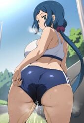 ai_generated bare_legs big_breasts big_butt blue_eyes blush dat_ass fat_ass gigantic_ass golden_shower gundam_build_fighters gym_clothes gym_uniform huge_breasts huge_thighs in_search_of_holy_water iori_rinko light-skinned_female light_skin long_hair looking_back massive_ass mature_female milf peeing ponytail smiling solo_female squatting sweat sweatdrop thick_thighs thighs urinating urinating_female urination urine voluptuous voluptuous_female
