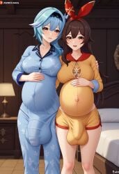 2futa 2futas ai_generated ai_hands amber_(genshin_impact) balls_under_clothes bed bedroom big_balls big_belly big_breasts big_penis big_testicles black_hairband blue_hair blush brown_hair bulge civitai clothed eula_(genshin_impact) flaccid flaccid_penis full-package_futanari fully_clothed futa_only futa_with_futa futanari genshin_impact hair_between_eyes hairband hand_on_own_belly hand_on_own_stomach hand_on_shoulder happy_face huge_balls huge_breasts huge_bulge huge_testicles indoors long_hair long_sleeves looking_at_viewer medium_hair mizuiro01 navel pajamas penis_under_clothes pregnant pregnant_futa red_ribbon ribbon smile standing testicles uncensored wife_and_wife women