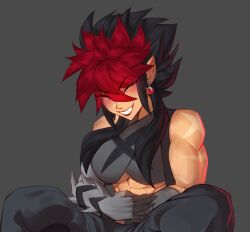 1girls abs artist_request black_hair blush brawlhalla claws closed_eyes earrings fangs grey_background grey_fur happy large_breasts laughing lips muscular_female pants petra_(brawlhalla) pointy_chin pointy_ears red_hair scar scar_on_arm smile spiked_hair teeth tomboy two_tone_hair