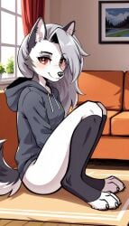 1girls 2024 ai_generated anthro bottomless bottomless_female canine digitigrade ear_piercing eyebrow_piercing eyeliner eyeshadow female female_only grey_fur hair_over_one_eye hellhound helluva_boss hi_res hood_down hoodie hoodie_only indoors inner_ear_fluff living_room long_hair looking_at_viewer loona_(helluva_boss) red_eyes sideass silver_hair smile white_fur