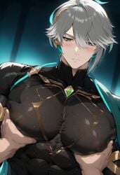 ai_generated alhaitham_(genshin_impact) aru_(pixiv1293902) big_pecs blush gay genshin_impact large_pectorals male male/male male_focus male_only muscular muscular_male nipples nipples_visible_through_clothing pecs pecs_grab pecs_touching pectorals tight_clothing yaoi