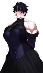 1girls arms_behind_back big_breasts black_eyes black_hair blush commission dress embarrassed female female_only hi_res long_dress looking_back muscular muscular_female purple_highlights purple_lipstick short_hair solo sotcho white_background