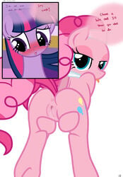 2girls anus ass blue_eyes comic edit english_text equine female female_only feral friendship_is_magic fur hair hi_res hisexpliciteditor horn horse mammal my_little_pony pink_fur pink_hair pinkie_pie_(mlp) pony presenting purple_eyes purple_fur purple_hair pussy pussy_juice pyruvate spa spread_pussy spreading text twilight_sparkle_(mlp) unicorn yuri