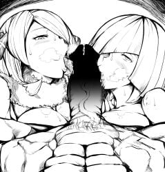 1boy 2girls black_and_white cock_worship collaborative_fellatio cynthia_(pokemon) double_fellatio fellatio fur_collar lusamine_(pokemon) multiple_girls pokemon tagme teamwork yuujiro