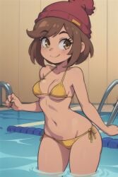 1girls ai_generated beanie bikini blue_eyes brown_hair cleavage looking_at_viewer mcyt minecraft minecraft_youtubers pixai qsmp qsmp_eggs red_beanie solo tallulah_(qsmp) twitch.tv yellow_bikini youtube youtubers