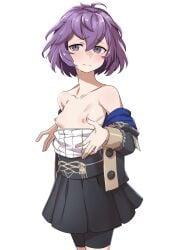 1girls bernadetta_von_varley black_eyes black_pantyhose blush breasts breasts_out clothes_pull collarbone female female_only fire_emblem fire_emblem:_three_houses garreg_mach_monastery_uniform highres morisobo nintendo nipples pantyhose purple_hair short_hair simple_background skirt small_breasts solo white_background