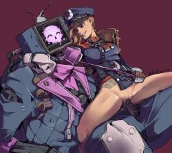 1girls biting_lip borderlands borderlands_3 collar dominant_female female female/ambiguous femdom fl4k_(borderlands) leash leash_pull moze moze_(borderlands) penis precum reverse_cowgirl_position robot robot_penis screen_head tv_head vaginal_penetration