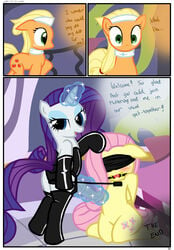 3girls animal_genitalia applejack_(mlp) ball_gag blindfold blush bondage bound comic cutie_mark dialogue dildo edit english_text equine equine_dildo female female_only feral fluttershy_(mlp) friendship_is_magic gag hi_res hisexpliciteditor horn horse magic mammal my_little_pony pegasus pony pyruvate rarity_(mlp) riding_crop rubber sex_toy spa text unicorn wings yuri