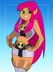 1female alien alien_girl alien_humanoid atomictiki ben_10 ben_tennyson benfire breasts dc dc_comics exposed_arms exposed_thighs female_only gauntlets genderswap_(mtf) green_eyes koriand'r male_to_female midriff omnitrix pink_hair rule_63 short_skirt starfire superheroine tamaranean tank_top teen_titans thigh_highs thighs