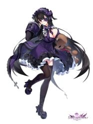 black_hair breasts dress eyepatch female full_body gothic_lolita hairband highres iris_yuma lolita_fashion long_hair looking_at_viewer non-web_source official_style open_mouth purple_dress red_eyes soul_worker standing standing_on_one_leg stuffed_animal stuffed_toy teddy_bear