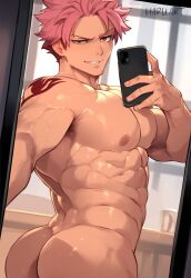 abs ai_assisted ai_generated ass ass_focus big_ass chest fairy_tail gay haruartx male male_focus male_only mirror_selfie muscular muscular_arms muscular_male natsu_dragneel nipples pecs pectorals phone photo pink_hair solo solo_focus solo_male yaoi