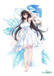 :d absurdres armpits bare_shoulders barefoot black_hair breasts dress female full_body hat highres iris_yuma large_breasts long_hair looking_at_viewer maett non-web_source official_style open_mouth red_eyes smile soul_worker standing sun_hat sundress white_dress white_hat