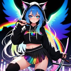 1girls black_sweater blue_eyes blue_hair cat_ears cat_girl catgirl largewall midriff rainbow_skirt sword wings