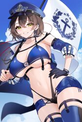 1girls absurd_res absurdres arm_band armpits azur_lane baltimore_(azur_lane) baltimore_(finish_line_flagbearer)_(azur_lane) bare_belly bare_chest bare_midriff bare_shoulders bare_skin belly belly_button bikini bikini_top black_garter_straps black_gloves blue_bikini blue_bikini_top blue_hat blue_sky blue_string_bikini blue_swimsuit blue_swimwear breasts cleavage clouds collarbone dot_nose eagle_union_(azur_lane) elbows female female_focus female_only fingernails fingers flag garter_straps gloves groin hair_between_eyes hand_on_hip hand_on_own_hip hat head_tilt high_resolution highres large_breasts legs light-skinned_female light_skin looking_at_viewer naked naked_female navel nude nude_female pussy short_hair shoulders sideboob simple_background sky slender_body slender_waist slim_girl slim_waist smile smiling smiling_at_viewer solo standing string_bikini swimsuit swimwear thick_thighs thighhighs thighs thin_waist tilted_head underboob upper_body v-line white_flag white_thighhighs yamaha_tsui