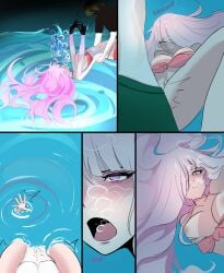 1boy 1girls air_bubbles female male marima666_(artist) pink_hair sex underwater