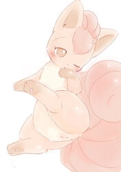 2013 blush brown_eyes cute female feral fur furry_tail hindpaw kajiura multiple_tails nintendo one_eye_closed pawpads paws plain_background pokemon pokemon_(species) pussy red_fur solo tail tongue tongue_out video_games vulpix white_background