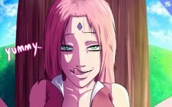 1girls big_breasts boruto:_naruto_next_generations breasts breasts cum cum_in_mouth female female_focus female_only green_eyes in legs_spread looking_at_viewer messy messy_hair naruto naruto_shippuden outdoors partially_clothed pink_hair reinsmash sakura_haruno sitting smirk smirking smirking_at_viewer solo solo_female solo_focus teasing tongue tongue_out