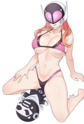 1girls big_breasts bikini dragon_keeper duster_(species) female_only fit_female go!_go!_loser_ranger! mask masked masked_female narulinn orange_hair pink_keeper plushie ranger_reject sakurama_sesera sentai_daishikkaku thick_thighs white_background