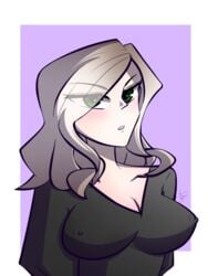 artist_signature big_breasts black_shirt clothed horny joseiishere long_hair nipple_bulge nipples pyrocynical silver_hair simple_background tagme