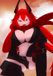 1girls artist_request bare_belly bare_breasts black_horn female female_focus female_only goddess_of_victory:_nikke horns latex latex_clothing latex_gloves latex_suit low-angle_view red_eyes red_hair red_hood_(nikke) red_scarf smile smiling smiling_at_viewer tagme