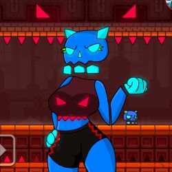 1:1 1girls 4_fingers background black_shorts blue_eyes boobs breasts clothed clothed_female clothes clothing cube_240_(geometry_dash) eyelashes eyes female fingers geometry_dash hands_on_hips hi_res high_resolution highres hips horn horns majin_tubby_ shorts solo tagme tits