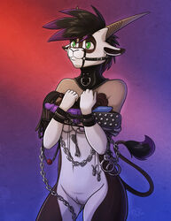 2014 antelope anthro ball_gag chains cuffs dildo ear_piercing female gag horn kadath kadath_universe mammal olivia_(kadath) oryx paddle piercing purple_highlights pussy sex_toy solo whip