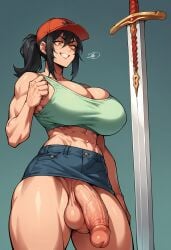 abs ai_generated balls big_breasts black_hair bra breasts cap crop_top croptop flaccid flaccid_penis futanari huge_breasts huge_cock large_breasts light-skinned_futanari light_skin looking_at_viewer muscular muscular_arms muscular_futanari naked nude nude_futanari oc orange_eyes original original_character penis ponytail self_upload skirt smile smirking_at_viewer solo solo_focus solo_futa sports_bra sword testicles thick_thighs tight_skirt uncensored viewed_from_below weapon wide_hips