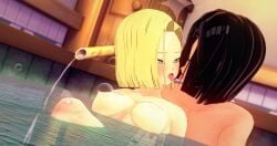 1boy 1boy1girl 1girls 3d 3d_(artwork) 3d_model about_to_kiss android_17 android_18 bath bathing cyborg dragon_ball dragon_ball_z family_sex fanart female french_kiss french_kissing highres image_set incest kaio-sheeen koikatsu onsen pleased romantic romantic_ambiance siblings sitting_on_lap tonge_out