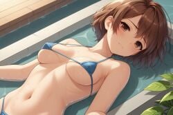 ai_generated blush embarrassed lying_on_back micro_bikini shironi