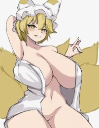 absurdres animal_ears blonde_hair breasts female fox_ears fox_tail get2_audio hat highres large_breasts mature_female milf navel no_bra no_panties open_clothes open_shirt ran_yakumo shirt smile tail touhou white_shirt yakumo_ran yellow_eyes