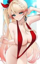 1girls arm_up armpits azur_lane bare_arms bare_belly bare_chest bare_legs bare_midriff bare_shoulders bare_skin bare_thighs belly belly_button blonde_female blonde_hair blonde_hair blonde_hair_female blue_eyes blue_eyes_female blush blush blush_lines blushing_female braid braided_hair breasts breasts cleavage collarbone dot_nose elbows eyebrows_visible_through_hair female female_focus female_only fingernails fingers groin hair_ornament hair_ornaments hair_ribbon hand_up high_resolution highres hourglass_figure howe_(azur_lane) large_breasts legs light-skinned_female light_skin long_hair looking_at_viewer multicolored_hair naked naked_female navel necklace nude nude_female ponytail pussy red_hair red_hair_female red_hair_ribbon red_ribbon red_sling_bikini red_slingshot_swimsuit ribbon shoulders simple_background slender_body slender_waist slim_girl slim_waist sling_bikini solo standing thick_thighs thighs thin_waist upper_body v-line white_background wide_hips yamaha_tsui