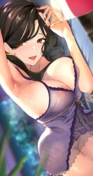 areola_slip armpits babydoll black_hair breasts camisole cleavage collarbone covered_nipples female frilled_babydoll frills hcz_n large_breasts lingerie long_hair looking_at_viewer negligee nightgown nijisanji orange_eyes paid_reward_available presenting_armpit purple_babydoll purple_nails shirayuki_tomoe shirayuki_tomoe_(7th_costume) sleepwear solo spaghetti_strap underwear underwear_only virtual_youtuber