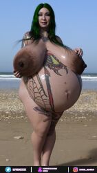 1girls 3d beach belly big_belly big_breasts breasts celebrity female green_hair huge_breasts hyper_breasts lykoxxx nipples nude pregnant real_person shotzi_blackheart solo solo_female tattoo wwe