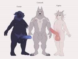 3boys absurd_res absurdres blue_eyes blue_glans caprice_(zonkpunch) corvair_(zonkpunch) cosworth_(zonkpunch) erection fat fat_man forehead_mark full_body furry glans goat goat_ears goat_horns grey_fur grey_skin grey_testicles half-closed_eyes hi_res high_resolution highres looking_at_viewer male_only muscular muscular_male navel original pale-skinned_male penis purple_eyes purple_fur purple_penis purple_skin purple_testicles scar testicles uncensored veiny_penis white_fur white_skin wolf wolf_ears zonkpunch